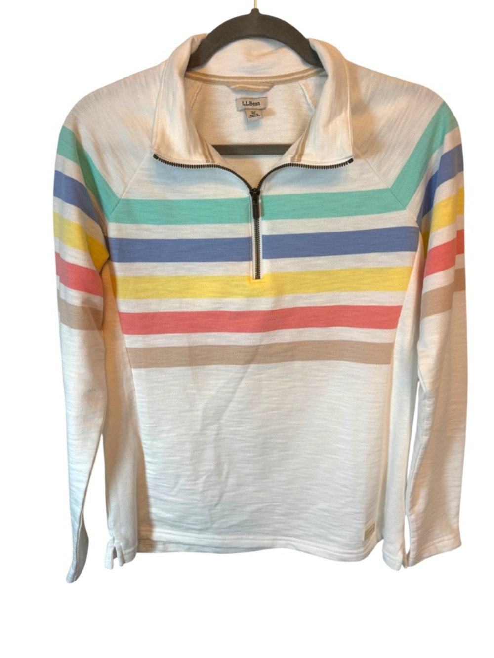L.L.Bean White Pullover Quarter-Zip lightweight sweater rainbow stripe Size XS